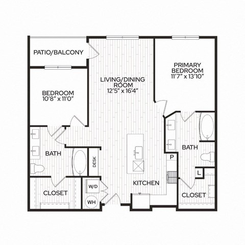 Floor plan for 2 beds, 2 baths, 1042 sqft